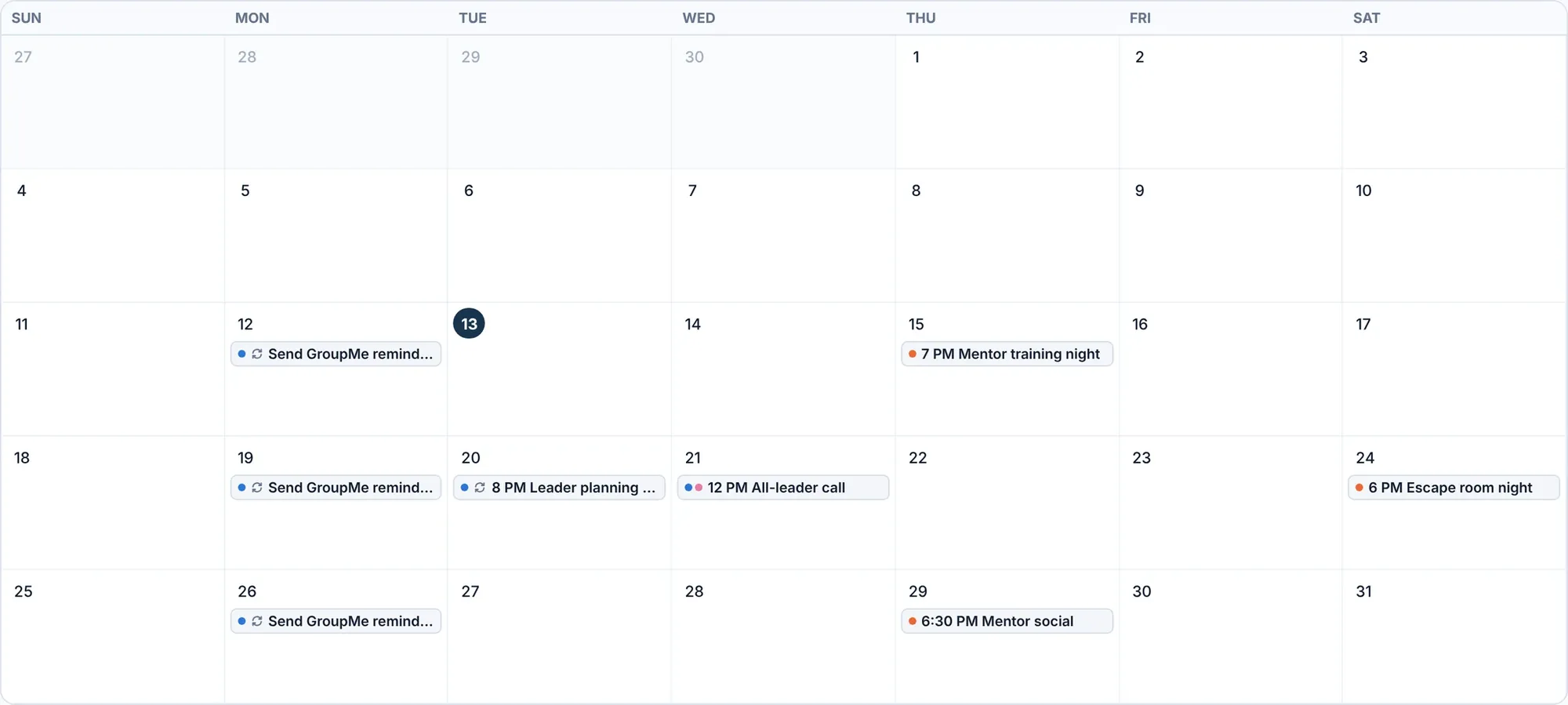 Events: one calendar per chapter, in step with group chats and leaders’ Google Calendars.