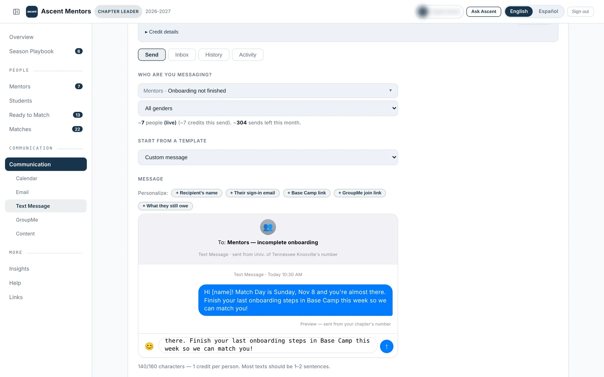 Messaging: text only the mentors who haven’t finished onboarding.