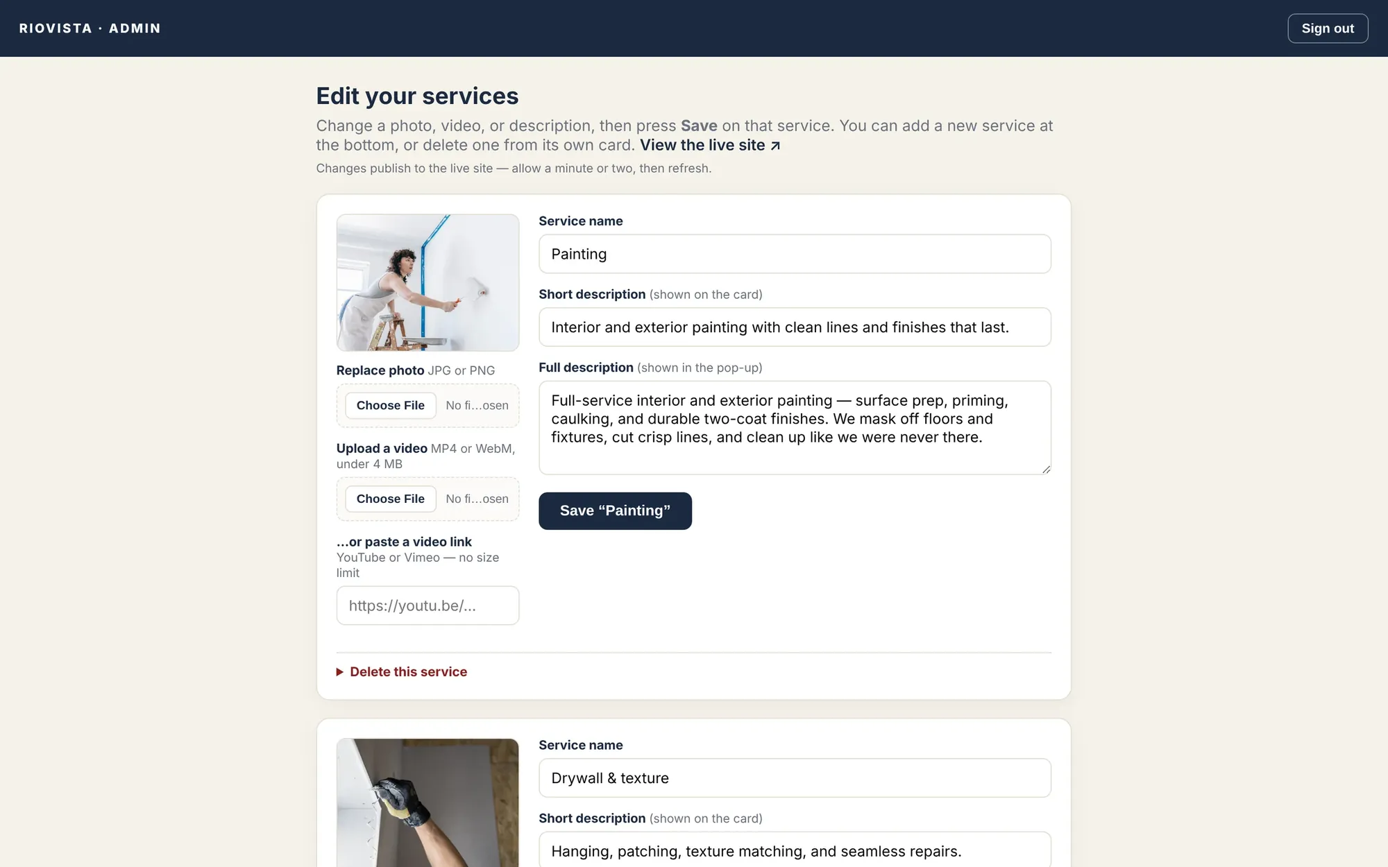 The owner’s portal: change any photo, description or video, or add a new trade.